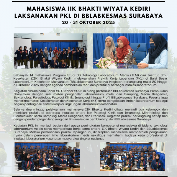 Mahasiswa IIK Bhakti Wiyata Kediri Laksanakan PKL di BBLabkesmas Surabaya